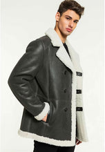 Load image into Gallery viewer, Men’s Black Leather White Shearling Long Coat
