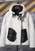 Load image into Gallery viewer, Black Leather White Shearling Jacket