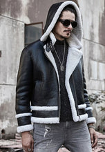 Load image into Gallery viewer, Men’s Aviator Removable Hood Black Leather White Shearling Jacket