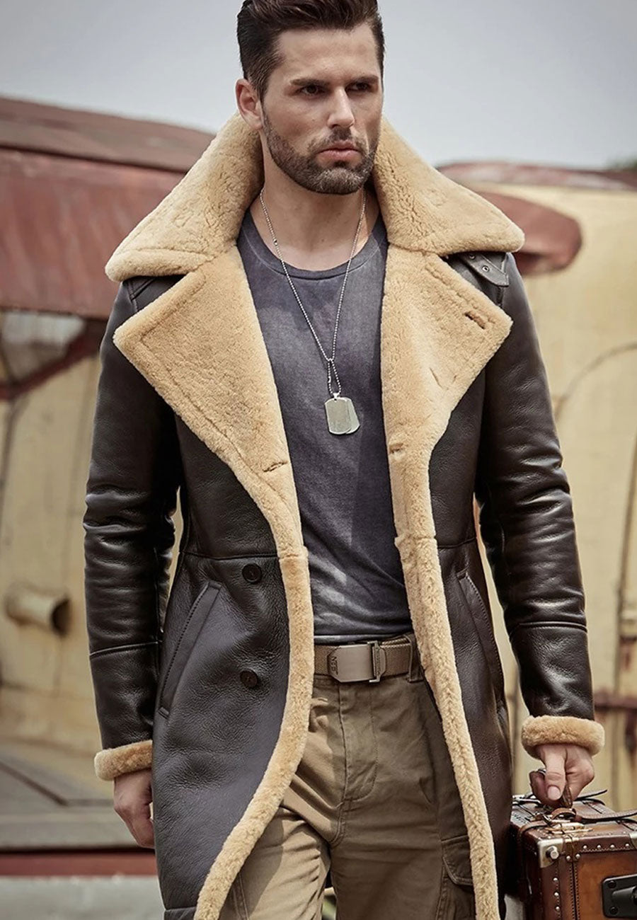 Men's Dark Brown Leather Shearling Long Coat