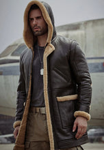 Load image into Gallery viewer, Men’s Dark Brown Leather Shearling Hooded Long Coat