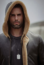 Load image into Gallery viewer, Men’s Dark Brown Leather Shearling Hooded Long Coat