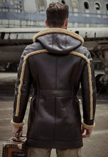 Load image into Gallery viewer, Men’s Dark Brown Leather Shearling Hooded Long Coat