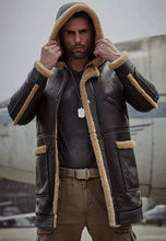 Load image into Gallery viewer, Men’s Dark Brown Leather Shearling Hooded Long Coat