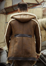 Load image into Gallery viewer, Men’s Camel Brown Leather Shearling Hooded Long Coat