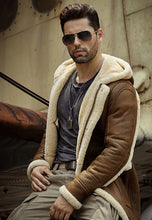 Load image into Gallery viewer, Men’s Camel Brown Leather Shearling Hooded Long Coat