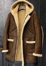 Load image into Gallery viewer, Men’s Camel Brown Leather Shearling Hooded Long Coat