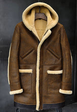 Load image into Gallery viewer, Men’s Camel Brown Leather Shearling Hooded Long Coat