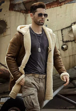 Load image into Gallery viewer, Men’s Camel Brown Leather Shearling Hooded Long Coat