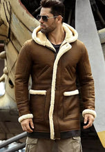 Load image into Gallery viewer, Men’s Camel Brown Leather Shearling Hooded Long Coat
