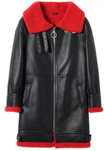Load image into Gallery viewer, Women’s Black Leather Red Shearling Long Coat