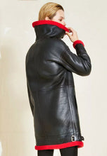 Load image into Gallery viewer, Women’s Black Leather Red Shearling Long Coat