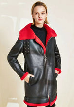 Load image into Gallery viewer, Women’s Black Leather Red Shearling Long Coat