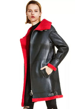 Load image into Gallery viewer, Women’s Black Leather Red Shearling Long Coat