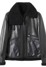 Load image into Gallery viewer, Women’s Black Leather Black Shearling Big Collared Jacket