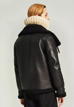 Load image into Gallery viewer, Women’s Black Leather Black Shearling Big Collared Jacket