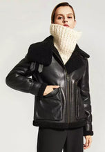 Load image into Gallery viewer, Women’s Black Leather Black Shearling Big Collared Jacket