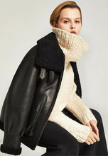 Load image into Gallery viewer, Women’s Black Leather Black Shearling Big Collared Jacket