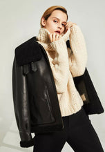 Load image into Gallery viewer, Women’s Black Leather Black Shearling Big Collared Jacket