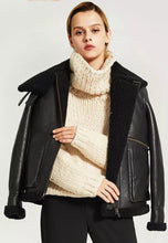 Load image into Gallery viewer, Women’s Black Leather Black Shearling Big Collared Jacket
