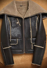 Load image into Gallery viewer, Women’s Dark Brown Leather Shearling Long Collar Jacket