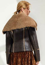 Load image into Gallery viewer, Women’s Dark Brown Leather Shearling Long Collar Jacket