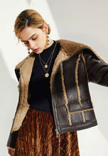 Load image into Gallery viewer, Women’s Dark Brown Leather Shearling Long Collar Jacket