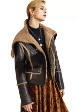 Load image into Gallery viewer, Women’s Dark Brown Leather Shearling Long Collar Jacket