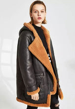 Load image into Gallery viewer, Women’s Black Leather Orange Shearling Hooded Long Coat