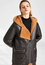 Load image into Gallery viewer, Women’s Black Leather Orange Shearling Hooded Long Coat