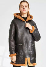 Load image into Gallery viewer, Women’s Black Leather Orange Shearling Hooded Long Coat