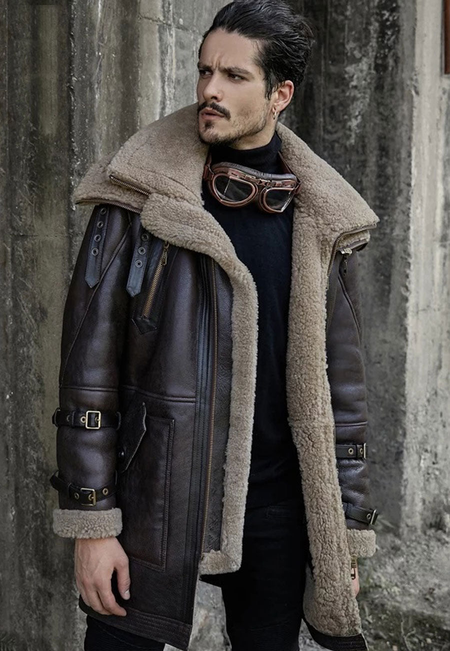 Men s Dark Brown Leather Shearling Double Collar Long Coat