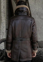 Load image into Gallery viewer, Men’s Dark Brown Leather Shearling Double Collar Long Coat