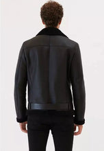 Load image into Gallery viewer, Black Leather Shearling Collar Jacket