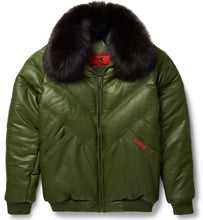 Load image into Gallery viewer, Olive Leather V-Bomber Jacket