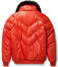 Load image into Gallery viewer, Orange Leather V-Bomber Jacket