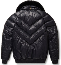 Load image into Gallery viewer, Nylon Black Leather V-Bomber Jacket - BUbble Jacket