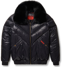 Load image into Gallery viewer, Nylon Black Leather V-Bomber Jacket - BUbble Jacket