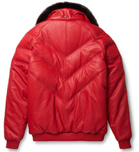Load image into Gallery viewer, Red Leather V-Bomber Jacket - Men Red Jacket - Bubble Jacket