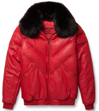 Load image into Gallery viewer, Red Leather V-Bomber Jacket - Men Red Jacket - Bubble Jacket