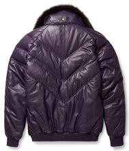 Load image into Gallery viewer, Purple Leather V-Bomber Jacket