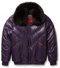 Load image into Gallery viewer, Purple Leather V-Bomber Jacket