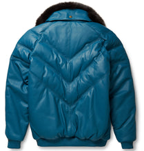 Load image into Gallery viewer, Teal Leather V-Bomber Jacket