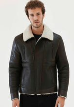 Load image into Gallery viewer, Men’s Black Leather White Shearling Collar Jacket