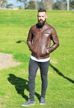 Load image into Gallery viewer, Brown Leather Biker Jacket for men