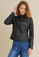 Load image into Gallery viewer, Women's Crew Neck Black Leather Biker Jacket