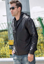 Load image into Gallery viewer, Men's Black Leather Jacket With Hood