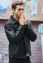 Load image into Gallery viewer, Men's Black Leather Collared Trucker Jacket
