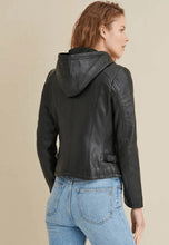 Load image into Gallery viewer, Women's Black Leather Hooded Biker Jacket