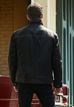 Load image into Gallery viewer, Men's Black Leather Jacket With Red Stripes